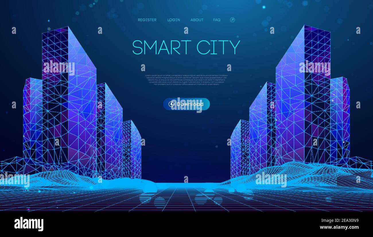 Wireframe-Landschaft mit Smart City. Technologiehintergrund blau im Low-Poly-Stil. Datensicherheit 3d-Vektorhintergrund. Globales soziales Netzwerk Stock Vektor