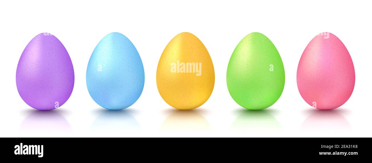 Setzen Sie realistische bunte Eier für Ostern. Bunte Eier auf isoliertem Hintergrund. 3D Ostereier. Stockfoto