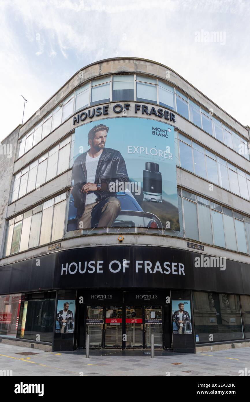 Cardiff, Wales - Februar 3rd 2021: Allgemeine Ansicht des Howells, House of Fraser Store, der wegen der Sperrmaßnahmen des Wales Coronavirus geschlossen ist. Stockfoto