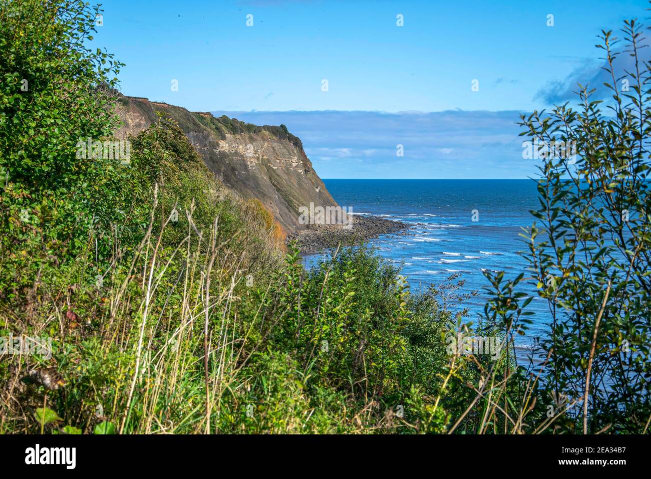 Blick auf die Klippen und das Meer in Robin Hood's Bay, Yorkshire Stockfoto