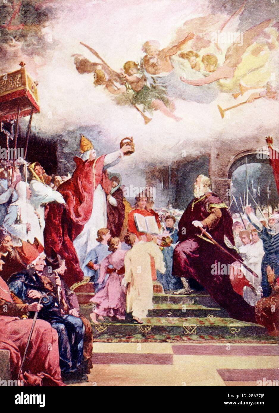 Am Weihnachtstag im Jahre 800 n. Chr. wurde Karl der große, König der Franken und Teil der karolingischen Linie, von Papst Leo III. (795-816) zum Heiligen Römischen Kaiser gekrönt. Die Krönung fand während der Messe in der Basilika St. Peter in Rom statt. Die Krönung Karls des Großen schuf das Heilige Römische Reich, das bis 1806 Bestand hatte. Stockfoto