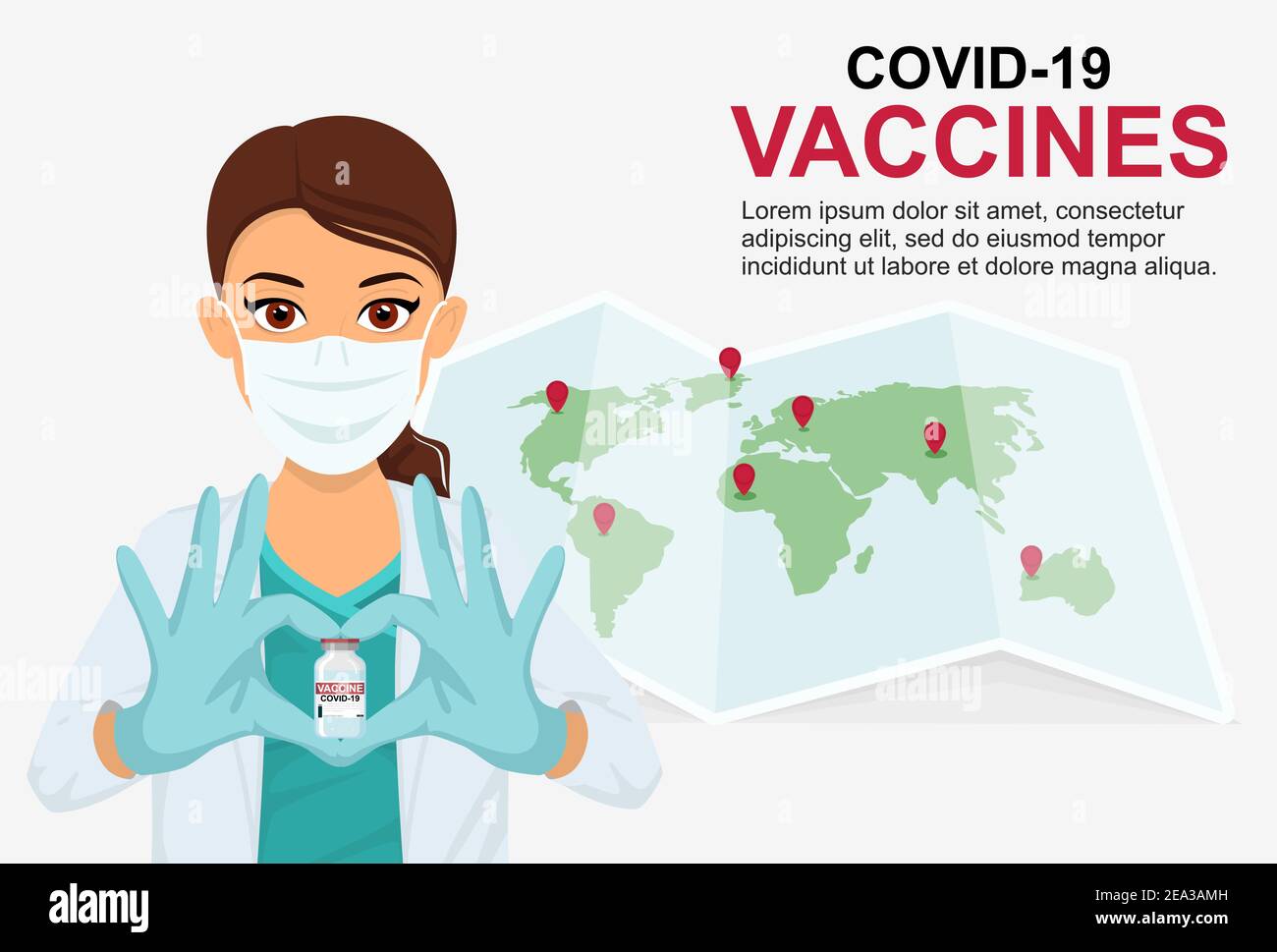 Eine Ärztin in einer Maske zeigt ihr Herz mit den Händen und hält einen Impfstoff gegen Coronavirus. Passendes Banner, Flyer. Impfung von Menschen Stock Vektor