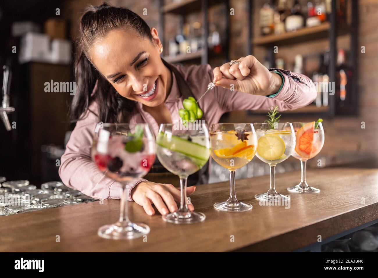 Der Barkeeper serviert im Sommer erfrischende Gin Tonic-Cocktails an einer Bar. Stockfoto