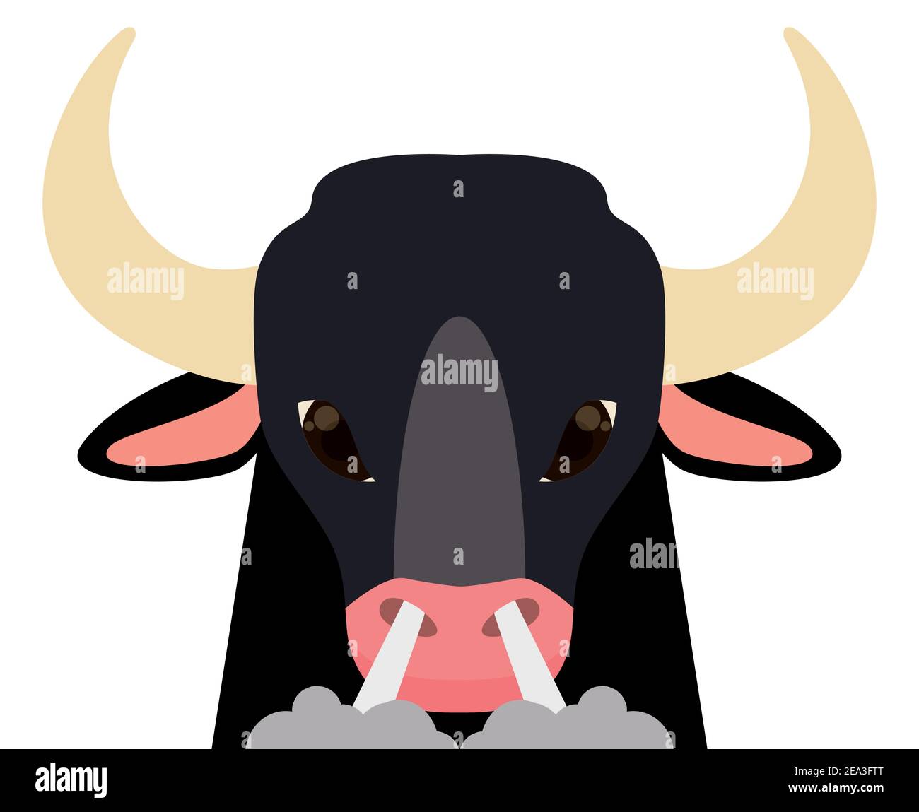 Wütender schwarzer Stier mit Ausatemrauch aus der Nase und wütendem Look, isoliert im flachen Stil. Stock Vektor