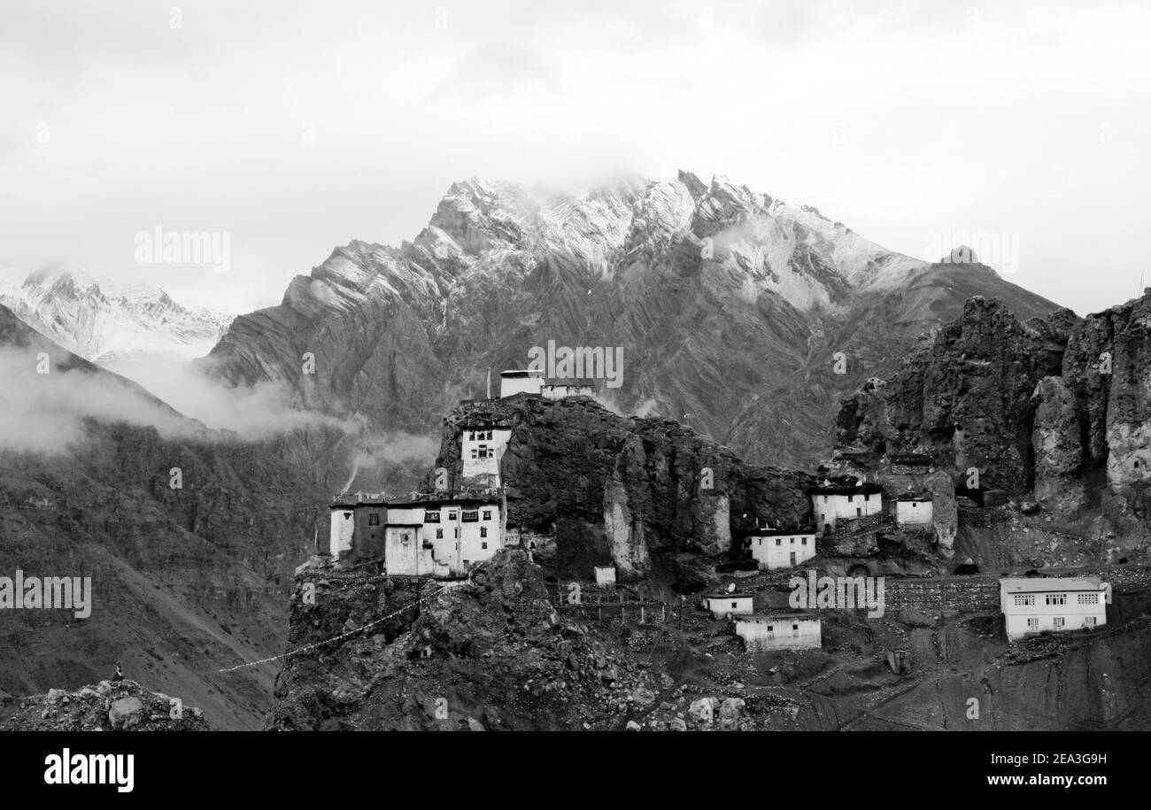 Dhankar Kloster in Spiti Valley, Indien (B&W) Stockfoto