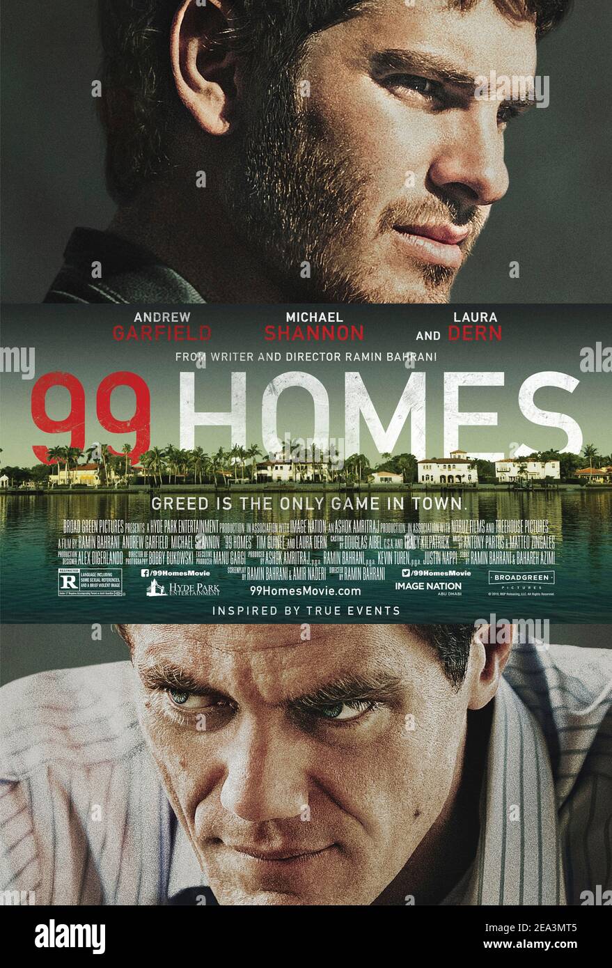 99 Homes (2014) Regie: Ramin Bahrani mit Andrew Garfield, Michael Shannon und Laura dern. Ein vor kurzem arbeitsloser alleinerziehender Vater kämpft, um seine abgeschottete Heimat zurückzubekommen, indem er für den Immobilienmakler arbeitet, der die Quelle seiner Frustration ist. Stockfoto