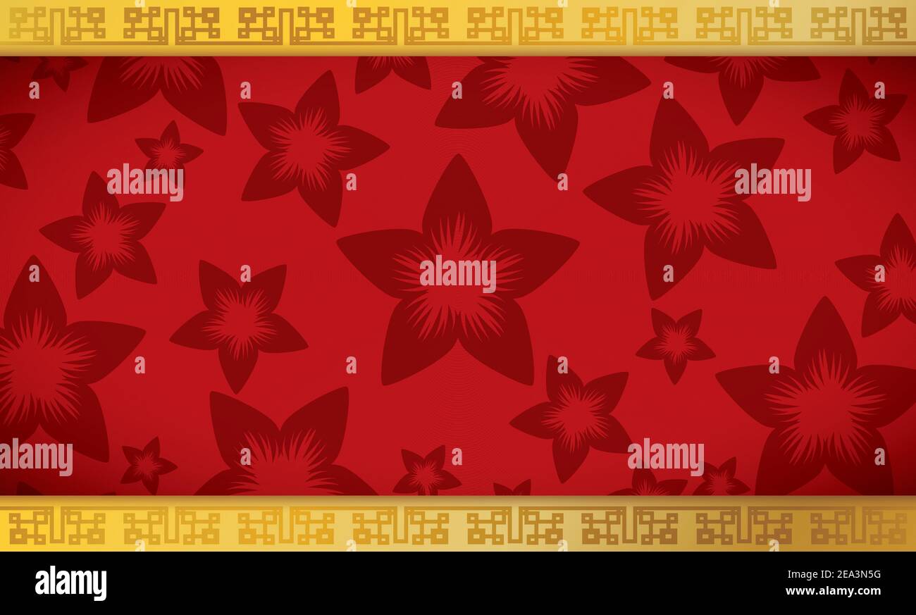 Vorlage mit Blumenmuster auf rotem Hintergrund und goldenen Bordüren mit chinesischem Muster für orientalische Feiertage dekoriert. Stock Vektor