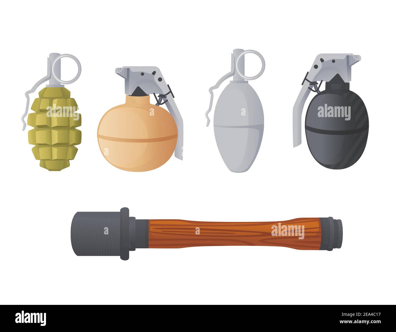 Set Handgranaten aus dem Zweiten Weltkrieg und modern Varianten Frag und Rauchgranaten Vektorgrafik auf weißem Hintergrund Stock Vektor