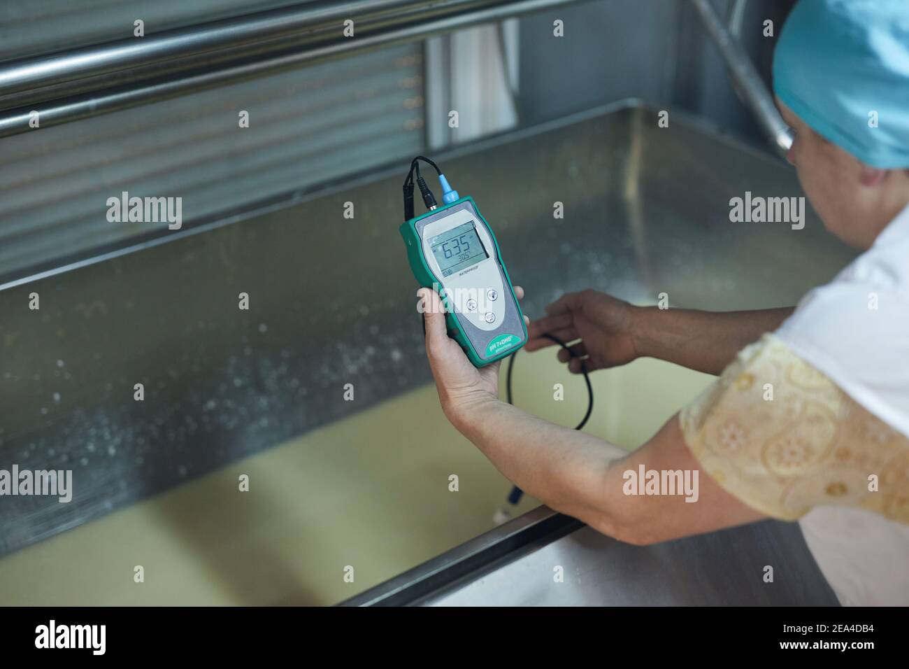 High-Angle-Ansicht der reifen weiblichen Arbeiter halten Temperaturmesser während Probe Käsemischung in der industriellen Lebensmittelfabrik, kopieren Raum Stockfoto