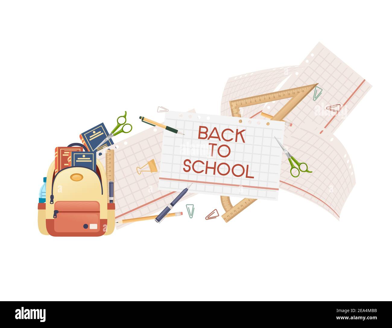 Zurück zur Schule Banner mit signa Briefpapier und Bücher in Rucksack Vektor-Illustration auf weißem Hintergrund Stock Vektor