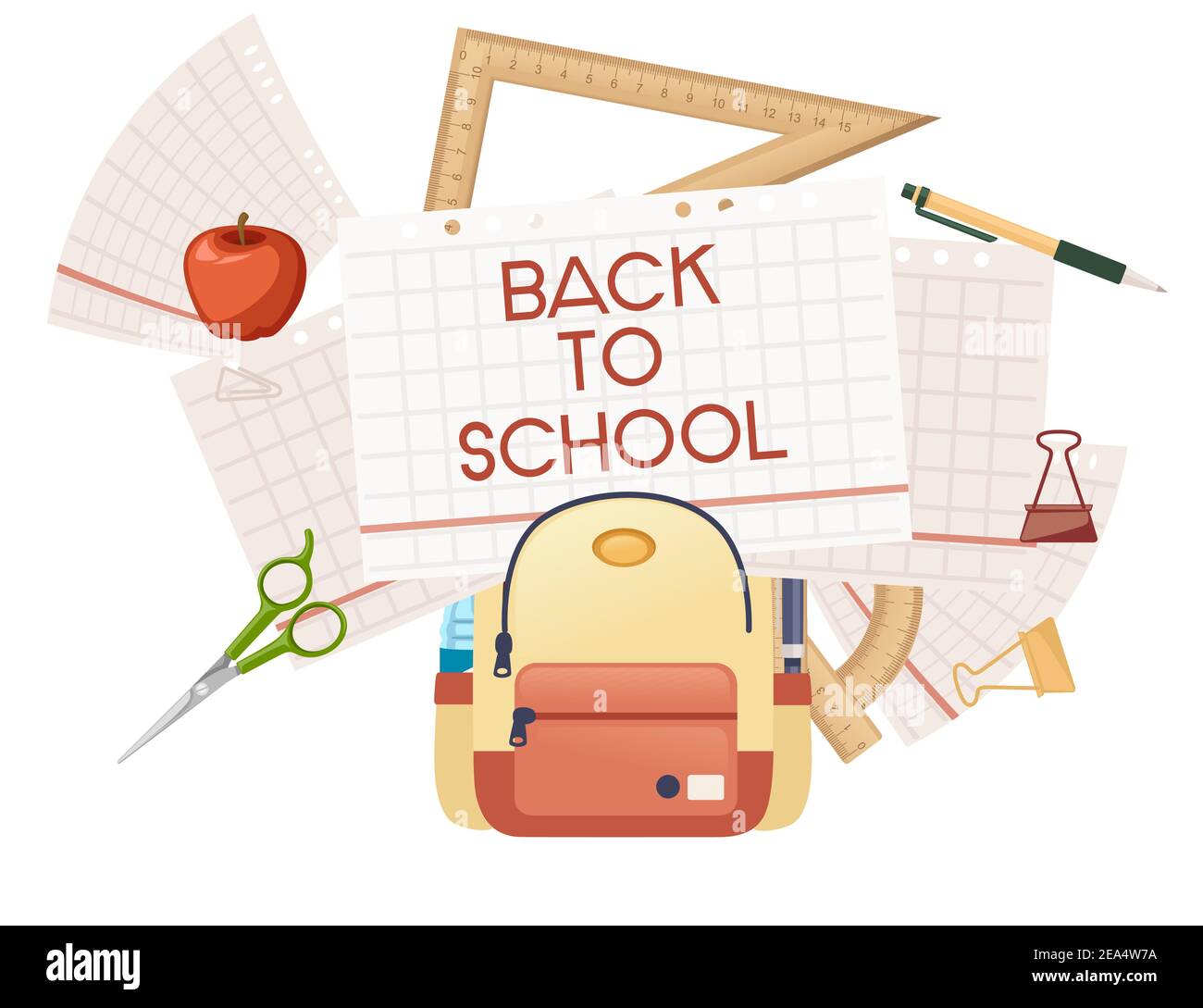 Zurück zur Schule Banner mit signa Briefpapier und Bücher in Rucksack Poster mit Schulbedarf Vektor-Illustration auf weißem Hintergrund Stock Vektor