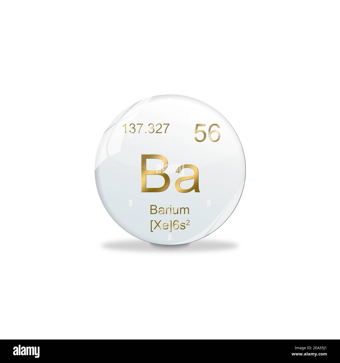 3D-Illustration, Barium Symbol - Ba. Element des Periodensystems auf der weißen Kugel mit goldenen Zeichen. Weißer Hintergrund Stockfoto