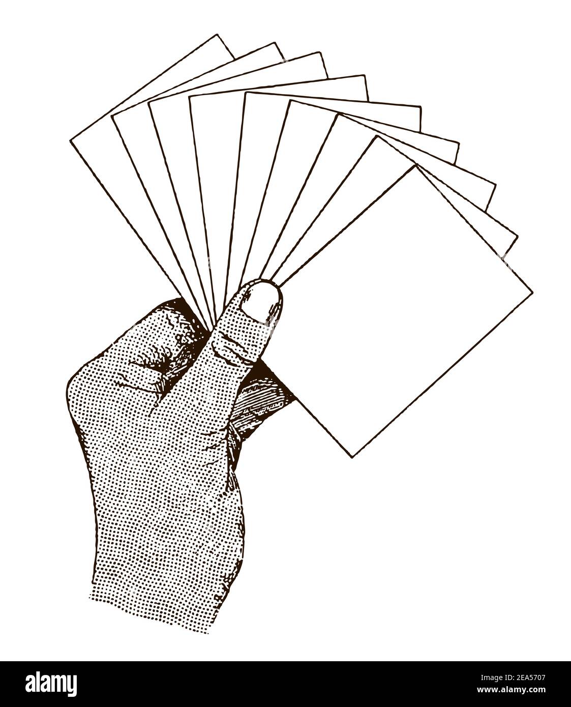 Menschliche Hand, die eine Reihe von leeren Karten oder Zettel hält. Illustration nach einem Stich aus dem frühen 20th. Jahrhundert Stock Vektor