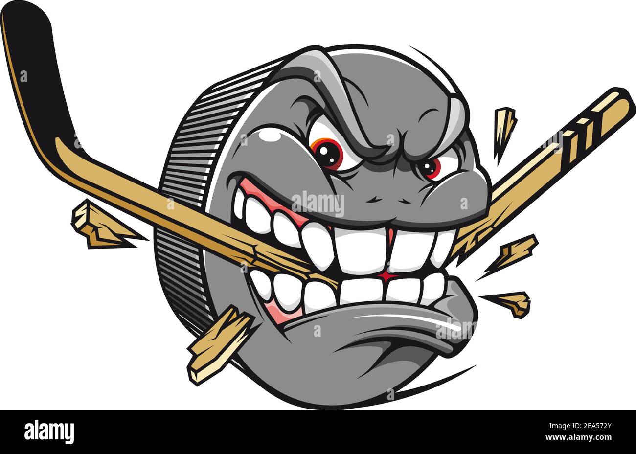 Sport Maskottchen - Hockey Puck beißt und bricht Hockey-Stick Stock Vektor