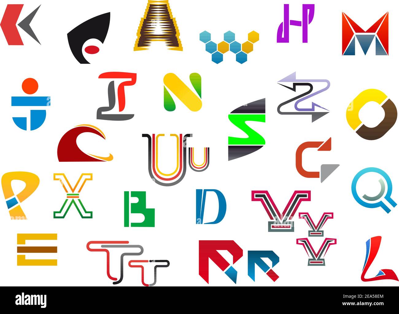 Bunte Buchstabensymbole und Symbole von A bis Z Stock Vektor