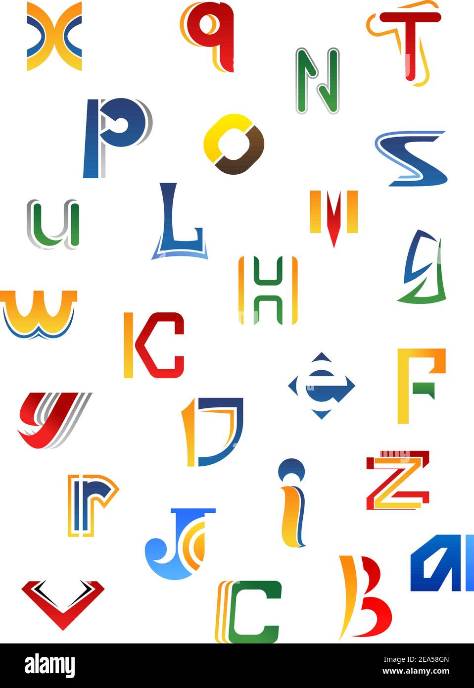 Set von voll Alphabet dekorative Buchstaben in verschiedenen Design isoliert Auf weißem Hintergrund Stock Vektor