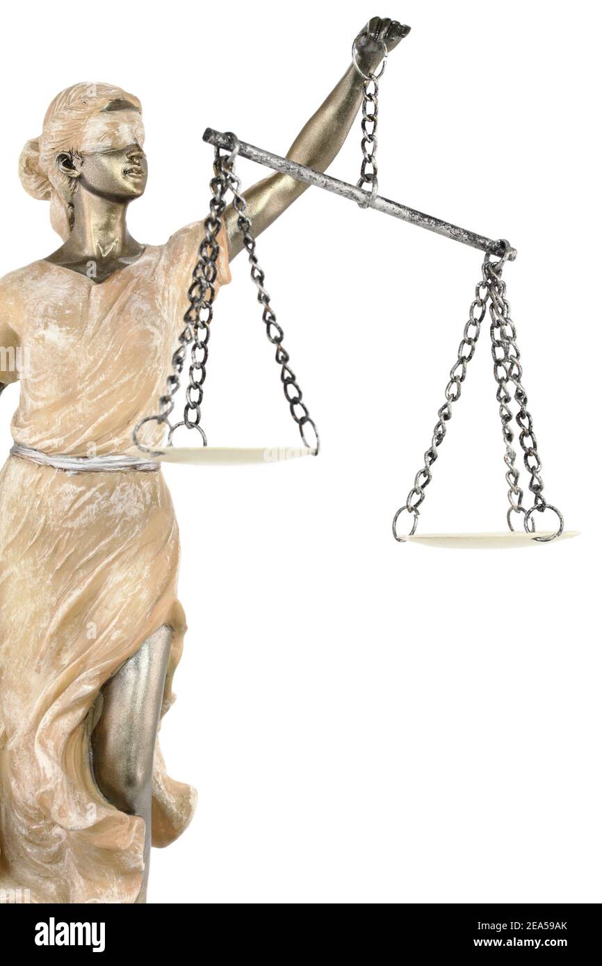 Gerechtigkeit (griechisch: themis, lateinisch: justitia) mit verbundenen  Augen mit Waage, Schwert und Geld auf einer Skala Stockfotografie - Alamy