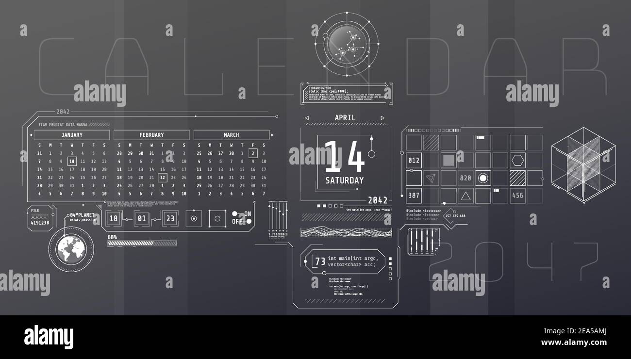 Zusammensetzung der Computer-HUD-Schnittstelle mit Kalender. Stock Vektor
