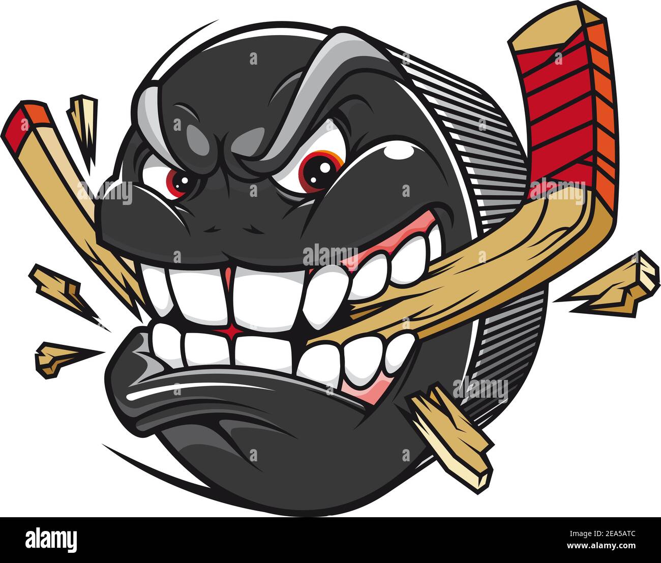 Cartoon Hockey Puck beißt und bricht Hockey-Stick Stock Vektor