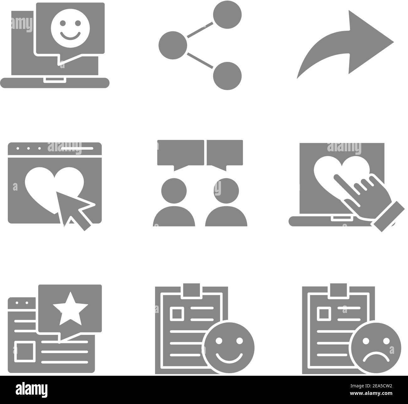 Satz grauer Feedback-Symbole. Charity, Testimonials, Kundenberichte, Navigation in sozialen Netzwerken und vieles mehr. Stock Vektor