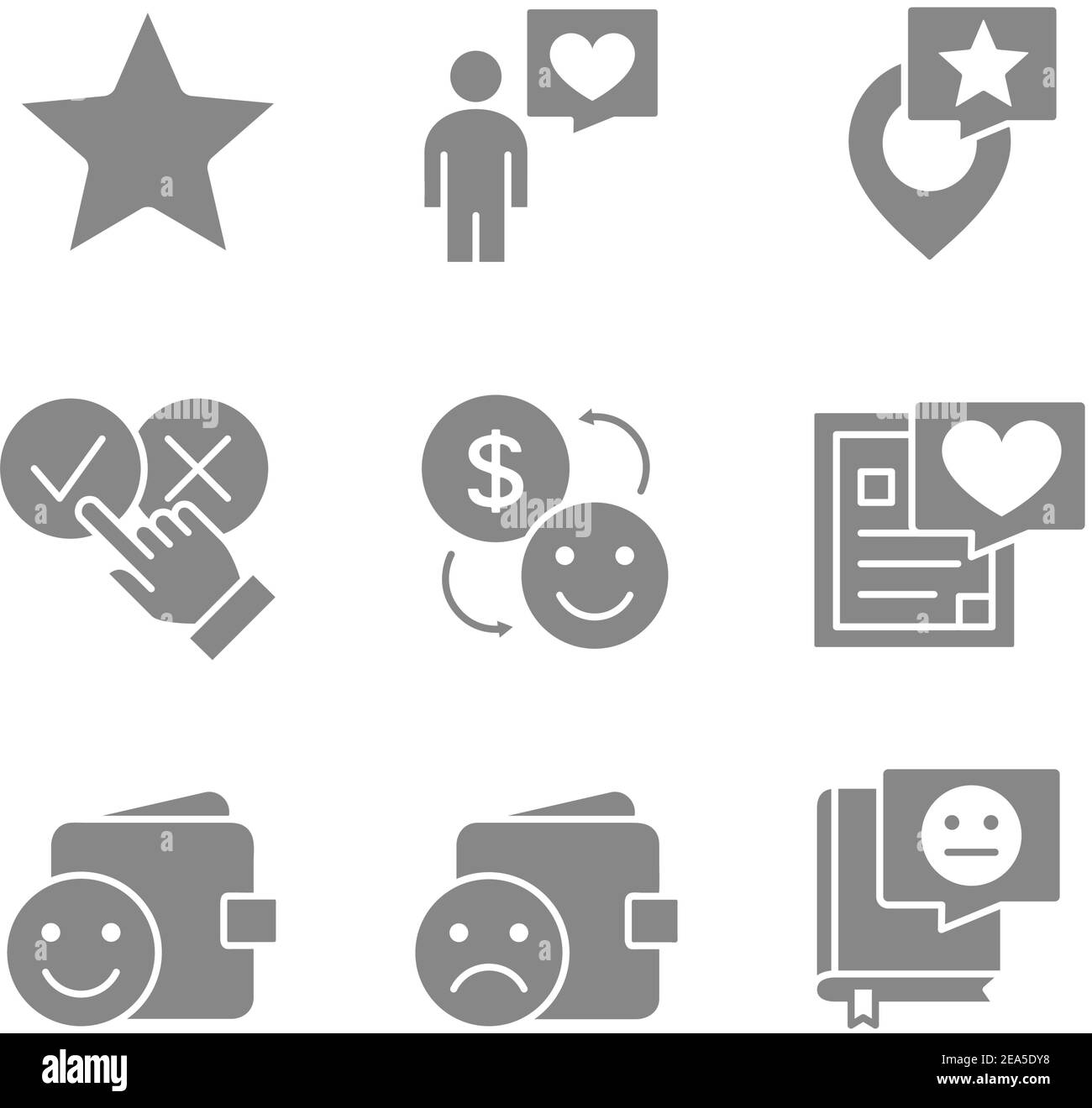 Satz von Kundenreferenzen graue Symbole. Feedback, Bewertung, soziale Netzwerke, Meinungen von Kunden und mehr. Stock Vektor