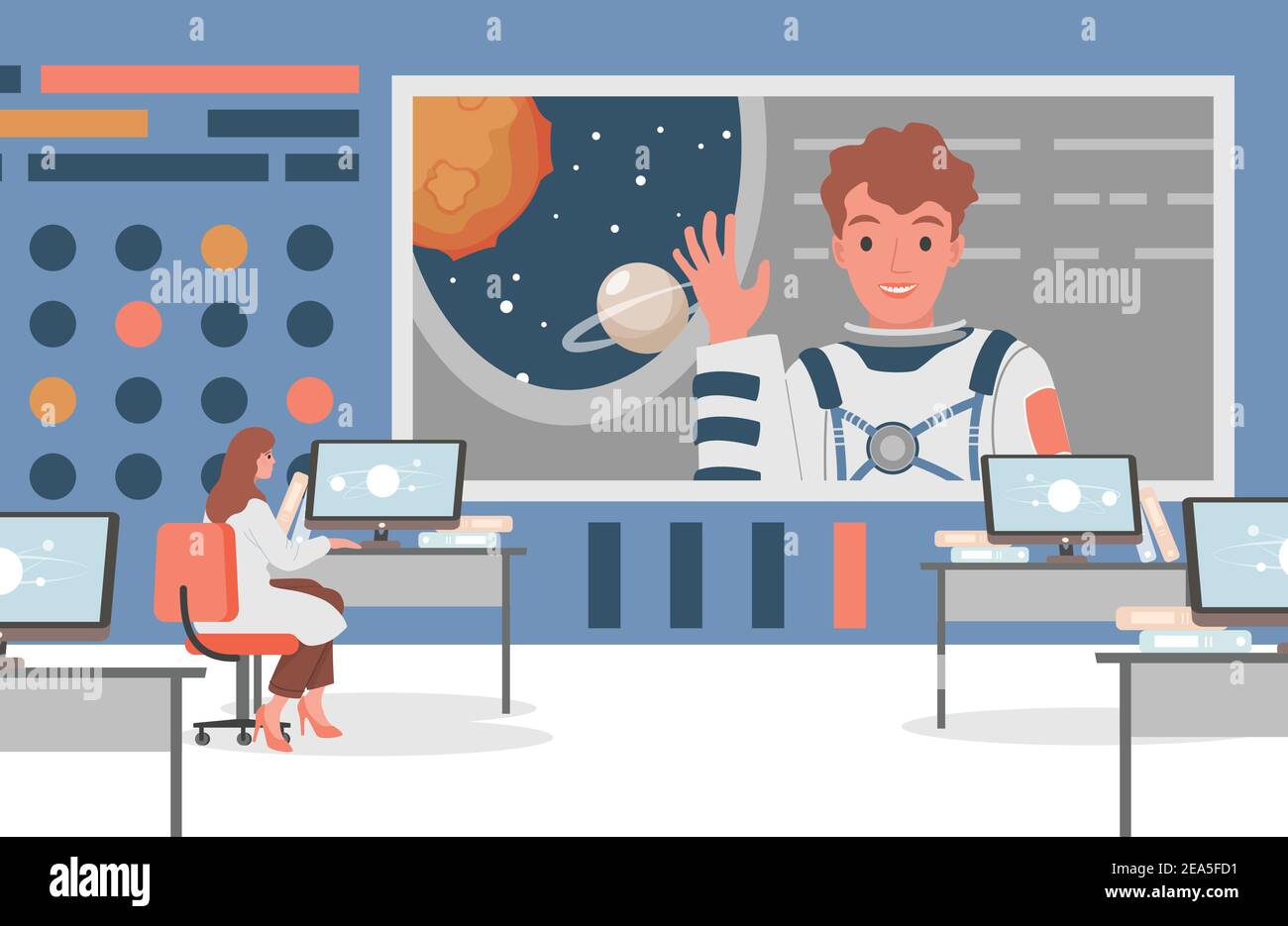 Space Flight Control Center Vektor flache Abbildung. Wissenschaftlerin Frau in weißem Gewand im Gespräch über Satellitenverbindung mit einem Astronauten. Missionskontrolle, Raumfahrt und Expeditionsüberwachung. Stock Vektor