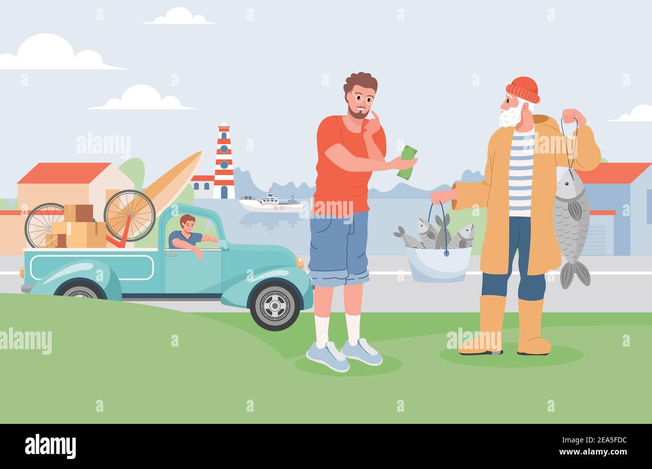 Sommer Urlaub Vektor flache Illustration. Mann, der frischen Fisch vom Fischer kauft, wartet sein Freund im Auto, das mit Gegenständen für Sommerferien beladen ist. Sommer Meer oder Seenlandschaft, Ausflug zum Meer Konzept. Stock Vektor