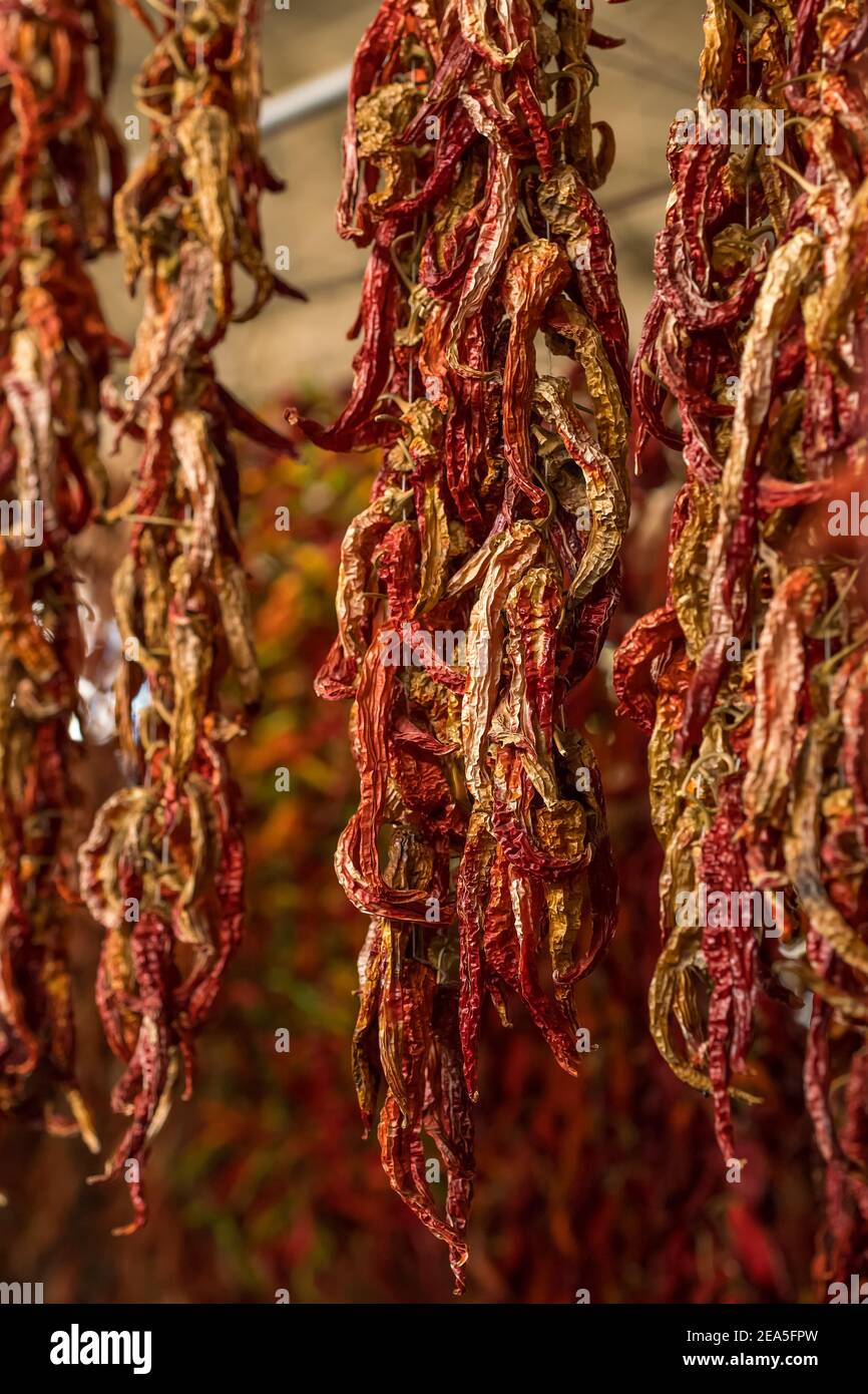 Nahaufnahme von rot getrocknetem Chili auf dem Markt In der Türkei Stockfoto