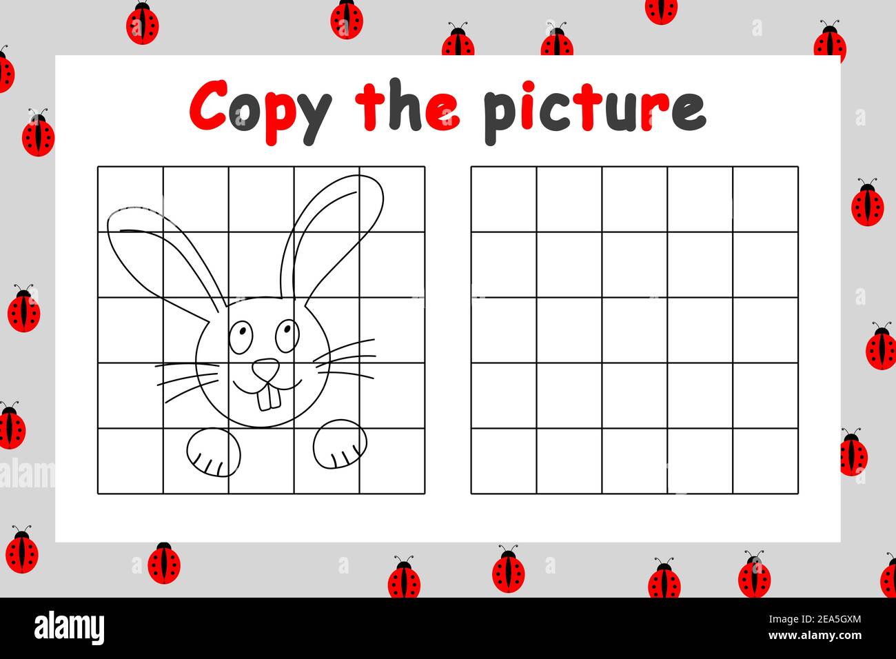 Kopieren Sie das Bild. Pädagogisches Spiel für Kinder. Niedliches Kaninchen. Zeichenaktivität für Kinder. Schwarz-Weiß-Cartoon-Vektor-Illustration. Stock Vektor