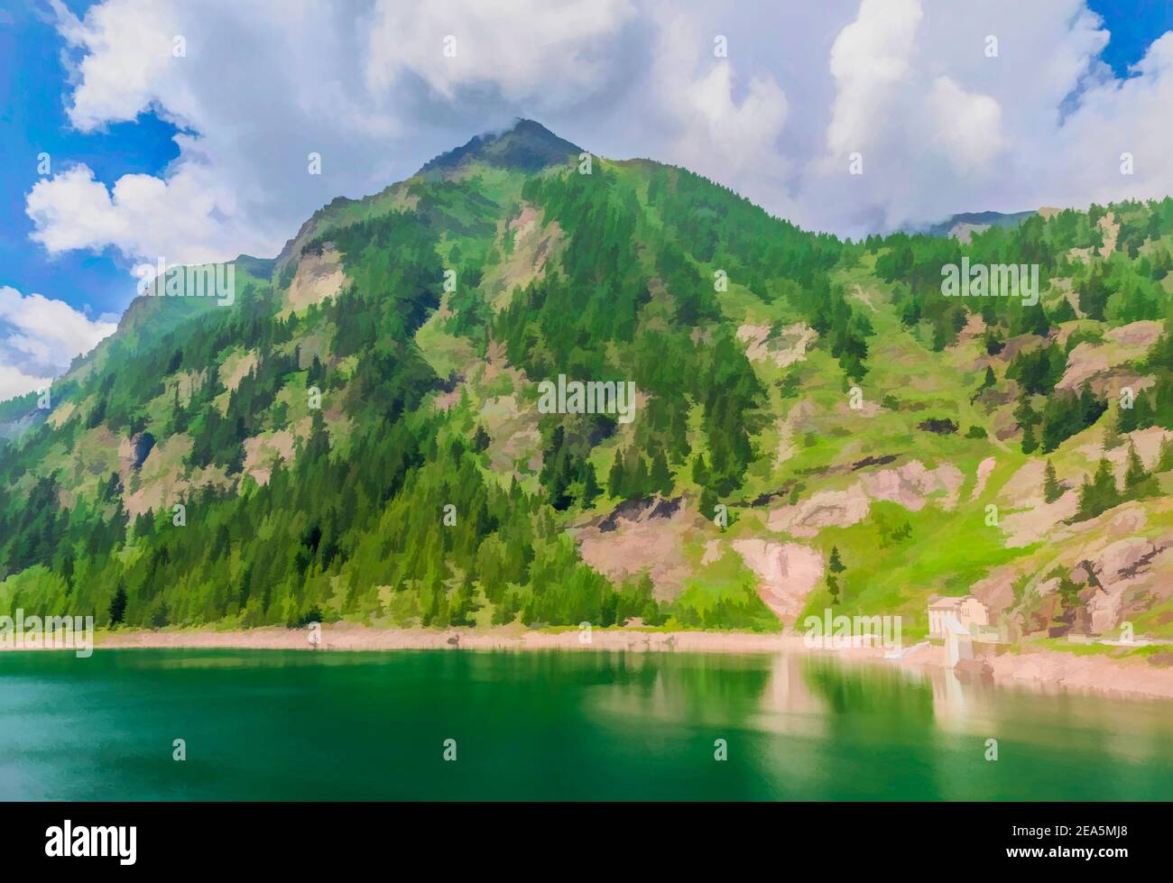 Digitale Malerei des Campiccioli-Staudamms im Antrona-Tal, Piemont, Italien. Stockfoto