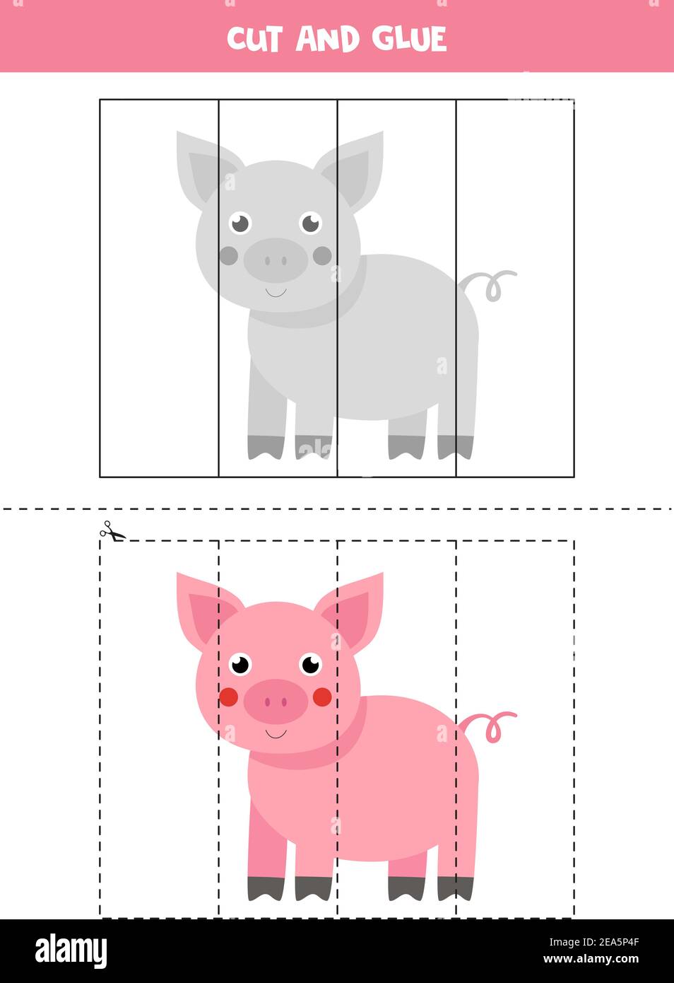 Schnitt und Kleber Spiel für Kinder mit niedlichen rosa Schwein. Schneidpraxis für Vorschulkinder. Stock Vektor
