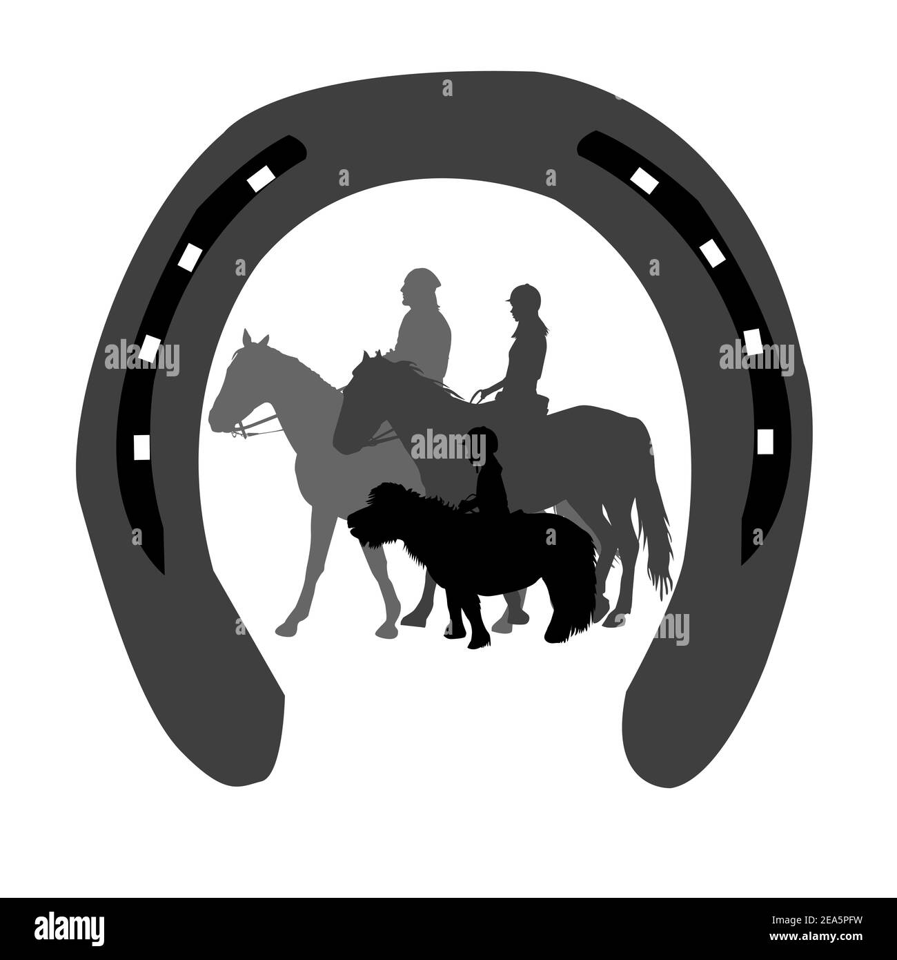 Emblem Reitclub mit Silhouetten von Reitern aller Altersgruppen In einem Hufeisen Stock Vektor