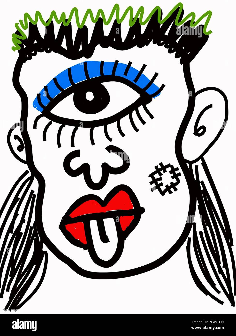 Üben Sie das Zeichnen farbiger Linien mit dem copic-Marker und handgemalten kreativen Malerzeichnungen Zeichnen farbenfroher Boy Face Comic und Cartoon Stockfoto
