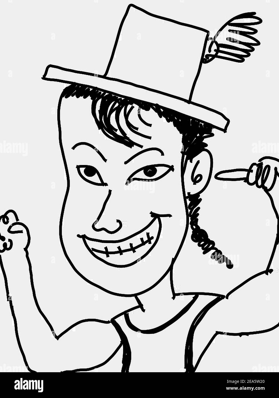 Üben Sie das Zeichnen farbiger Linien mit dem copic-Marker und handgemalten kreativen Malerzeichnungen Zeichnen farbenfroher Manngesicht Comic und Cartoon Stockfoto
