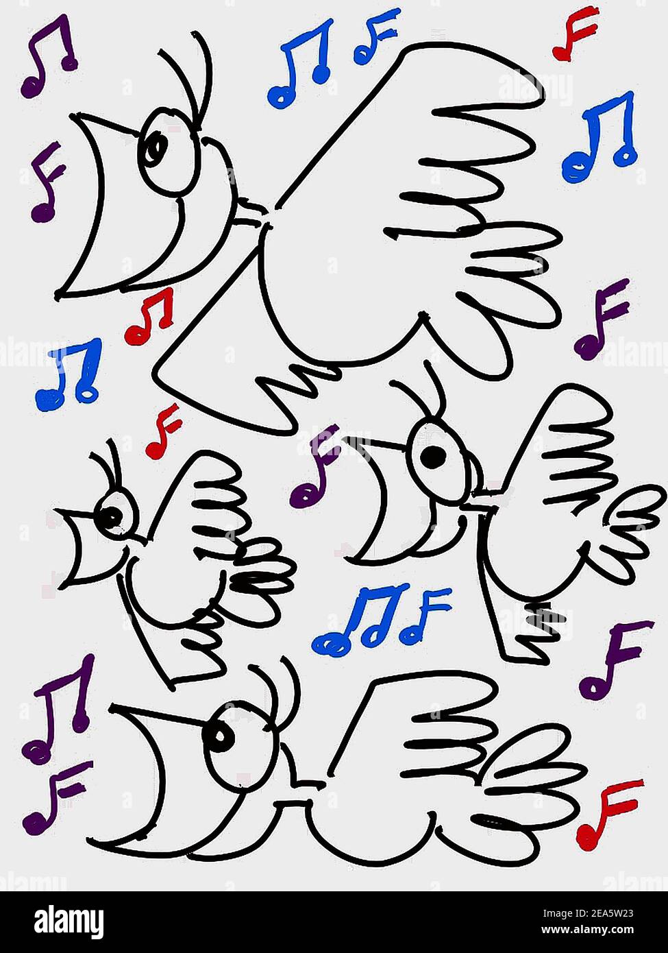 Zeichnen von copic-Markern Sketch Cut Birds Stockfoto