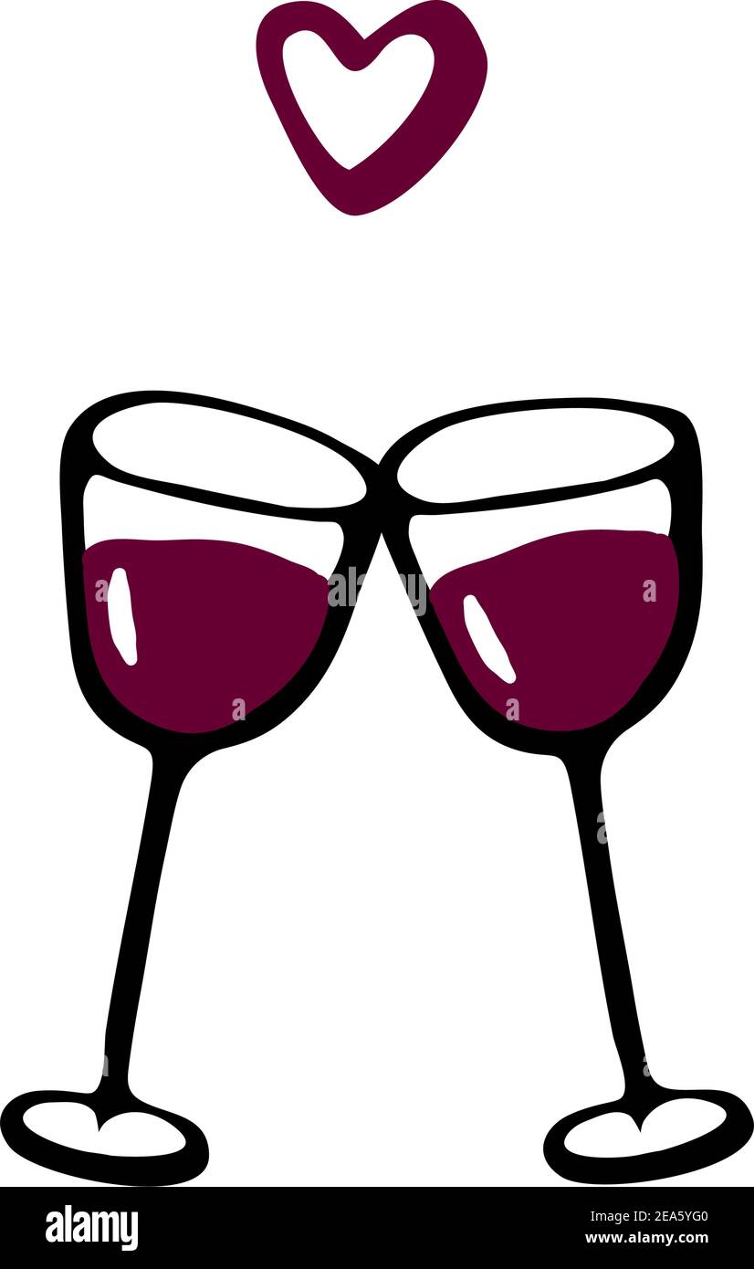 Vektor-Doodle handgezeichnete Skizze schwarz und rot Illustration von zwei Weingläser Paar Liebesgetränk auf weißem Hintergrund. Valentinstags-Postkarte Stock Vektor