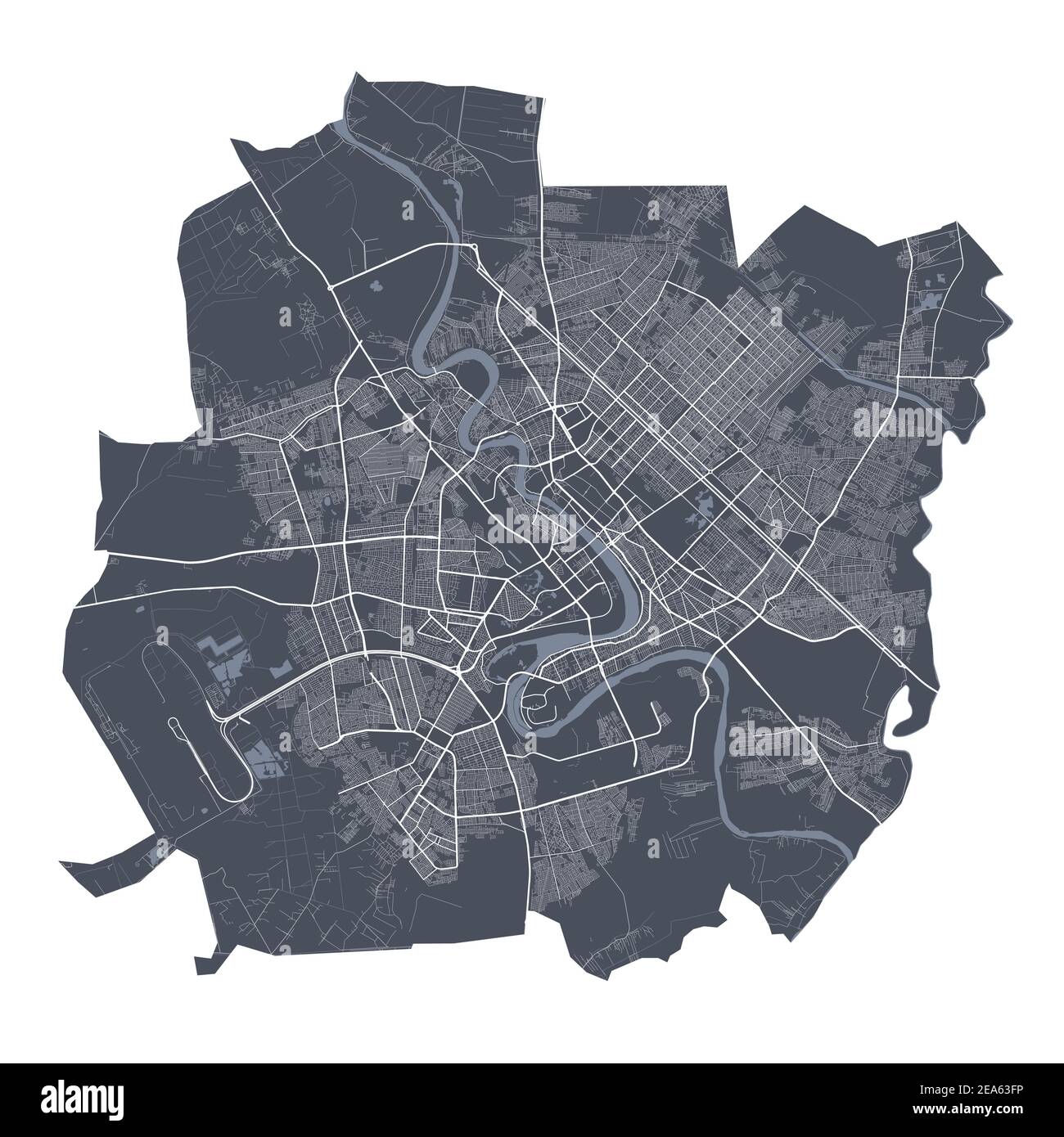 Bagdad-Karte. Detaillierte Vektor-Karte von Bagdad Stadt Verwaltungsgebiet. Stadtbild Poster Metropolregion Arie Ansicht. Dunkles Land mit weißen Straßen, Straßen und Stock Vektor