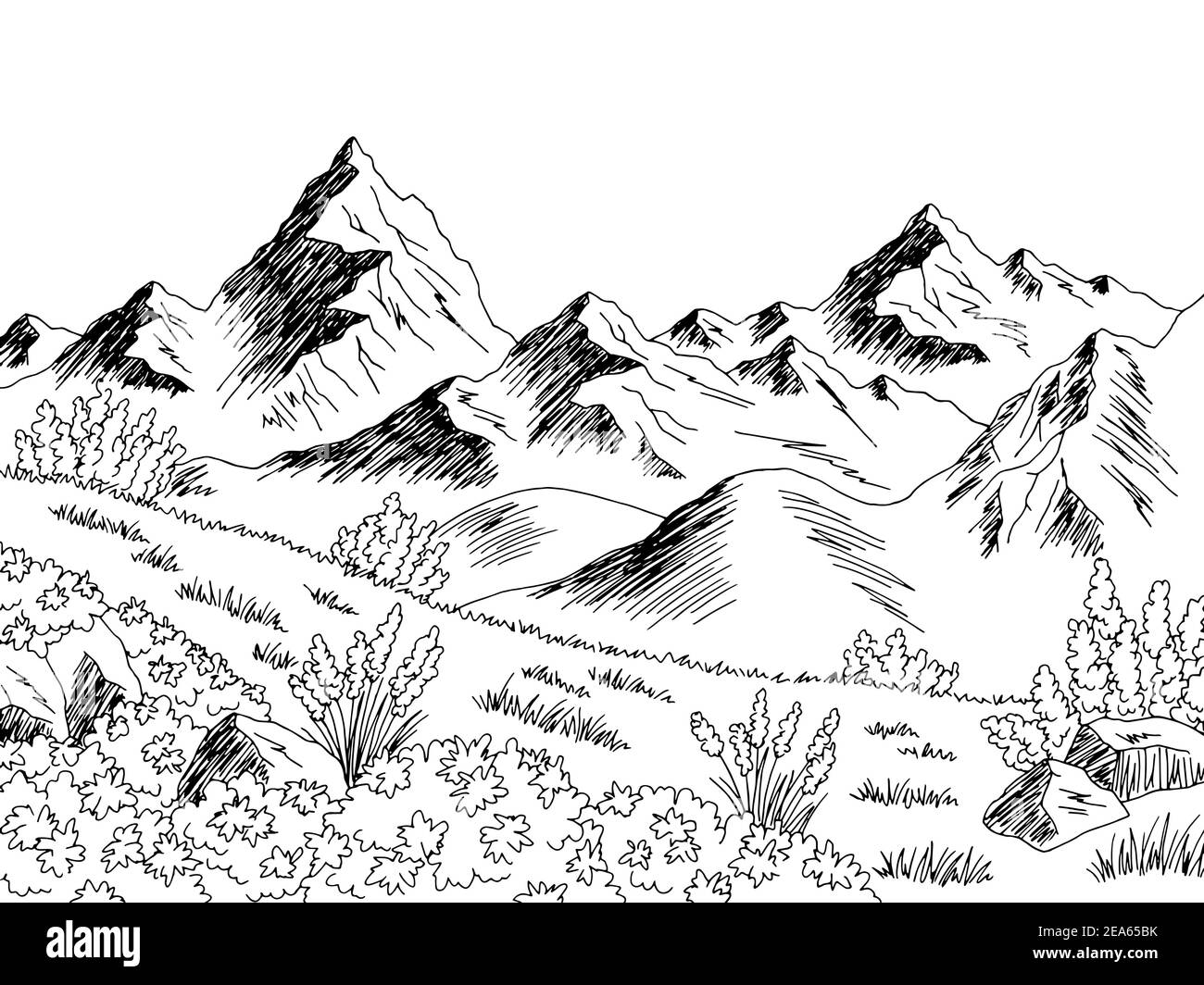 Berg Blume Grafik schwarz weiß Landschaft Skizze Illustration Vektor Stock Vektor