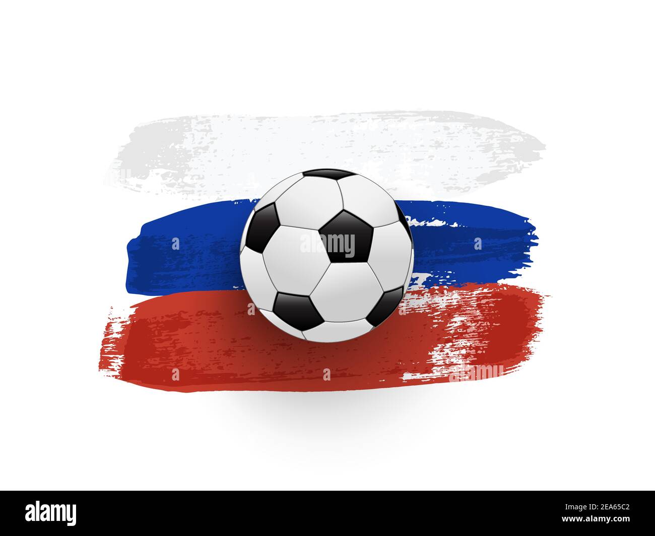 Pinsel bemalte Nationalflagge Russlands mit Fußball. Handgezeichneter Effekt im Grunge-Stil Banner isoliert auf weißem Hintergrund. Vektordarstellung von Stock Vektor