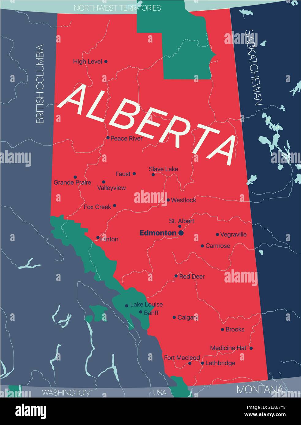 Alberta Provinzvektor editierbare Karte von Kanada mit Hauptstadt, Landesgrenzen, Städten und Städten, Flüssen und Seen. Vector EPS-10-Datei Stock Vektor
