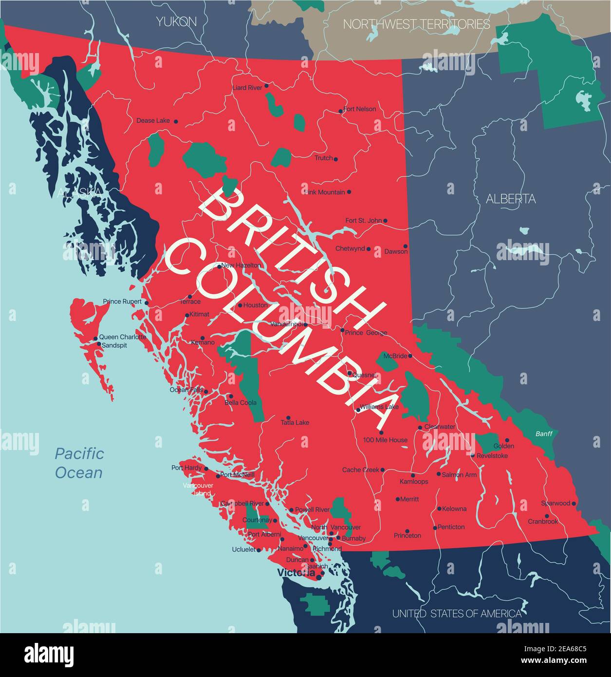 British Columbia Province Vektor editierbare Karte von Kanada mit Hauptstadt, Landesgrenzen, Städten und Städten, Flüssen und Seen. Vector EPS-10-Datei Stock Vektor