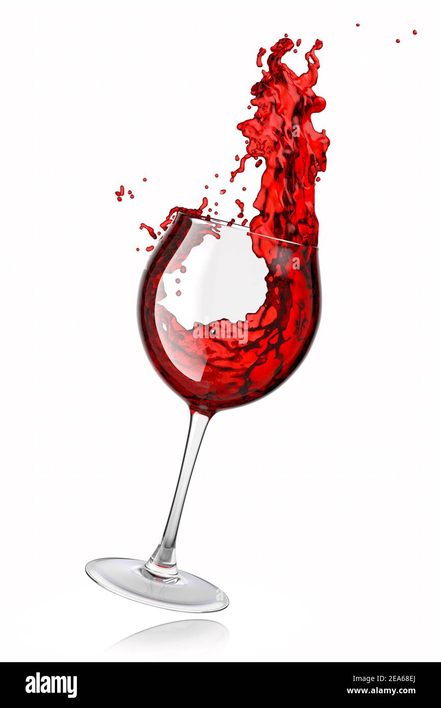 Glas mit Rotwein und Flüssigkeitsspritzen isoliert auf weißem Hintergrund. Stockfoto