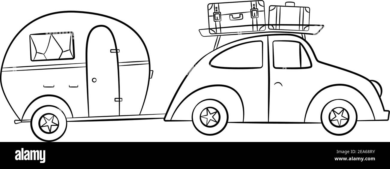 Skizzenanhänger für Camping-Tourismus mit Retro-Auto, Doodle Satz von Transport für Freizeit und Abenteuer. Vektorgrafik Stock Vektor