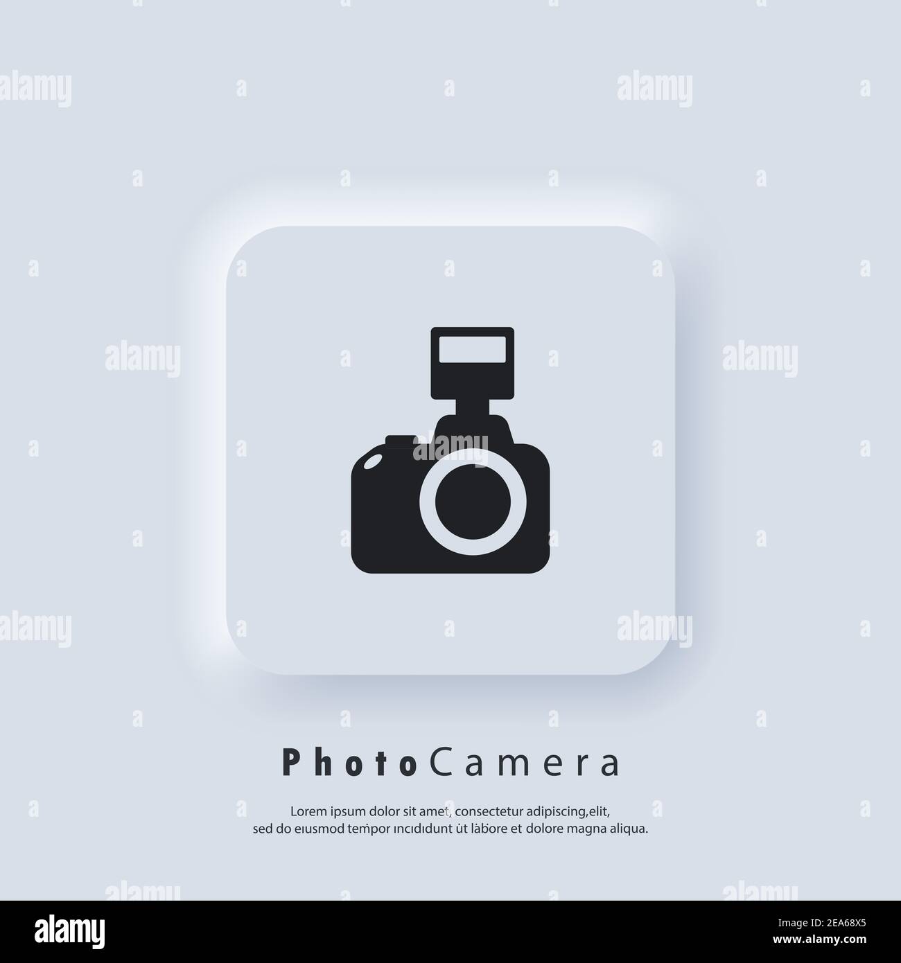 Logo der Fotokamera. Kamerasymbol. Fotokonzept. Vektor. Neumorphic UI UX White User Interface Web-Button. Neumorphismus Stock Vektor