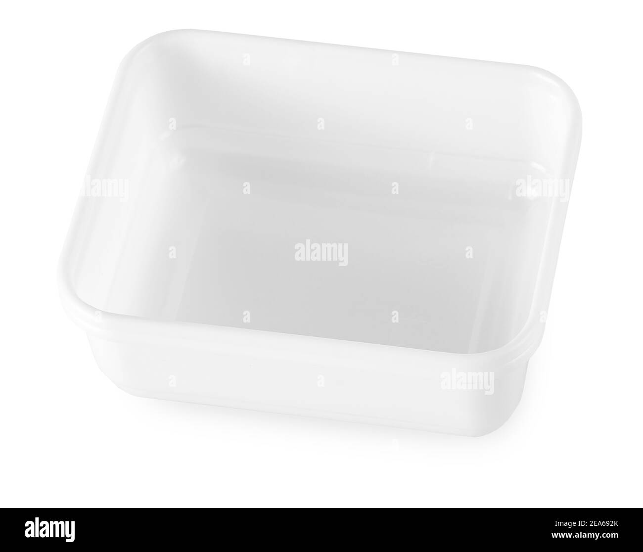 Die quadratische weiße Kunststoffschale mit isoliertem Clipping Path Weiß Stockfoto