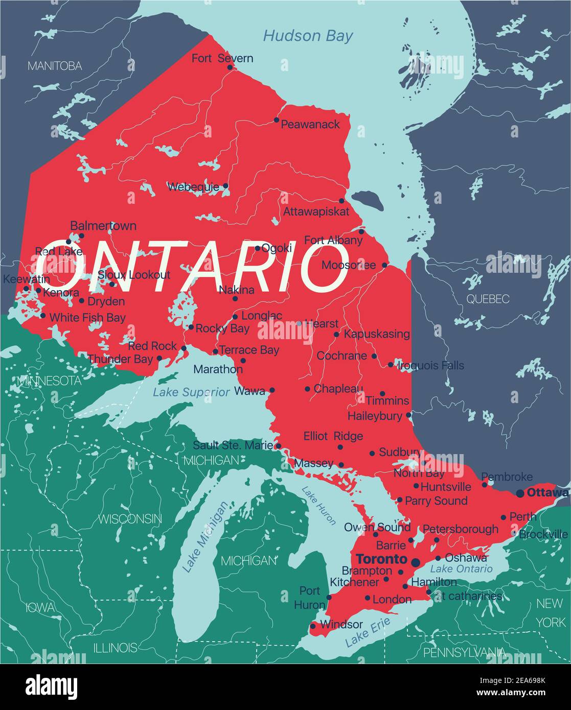 Ontario Provinzvektor editierbare Karte von Kanada mit Hauptstadt, Landesgrenzen, Städten und Städten, Flüssen und Seen. Vector EPS-10-Datei Stock Vektor