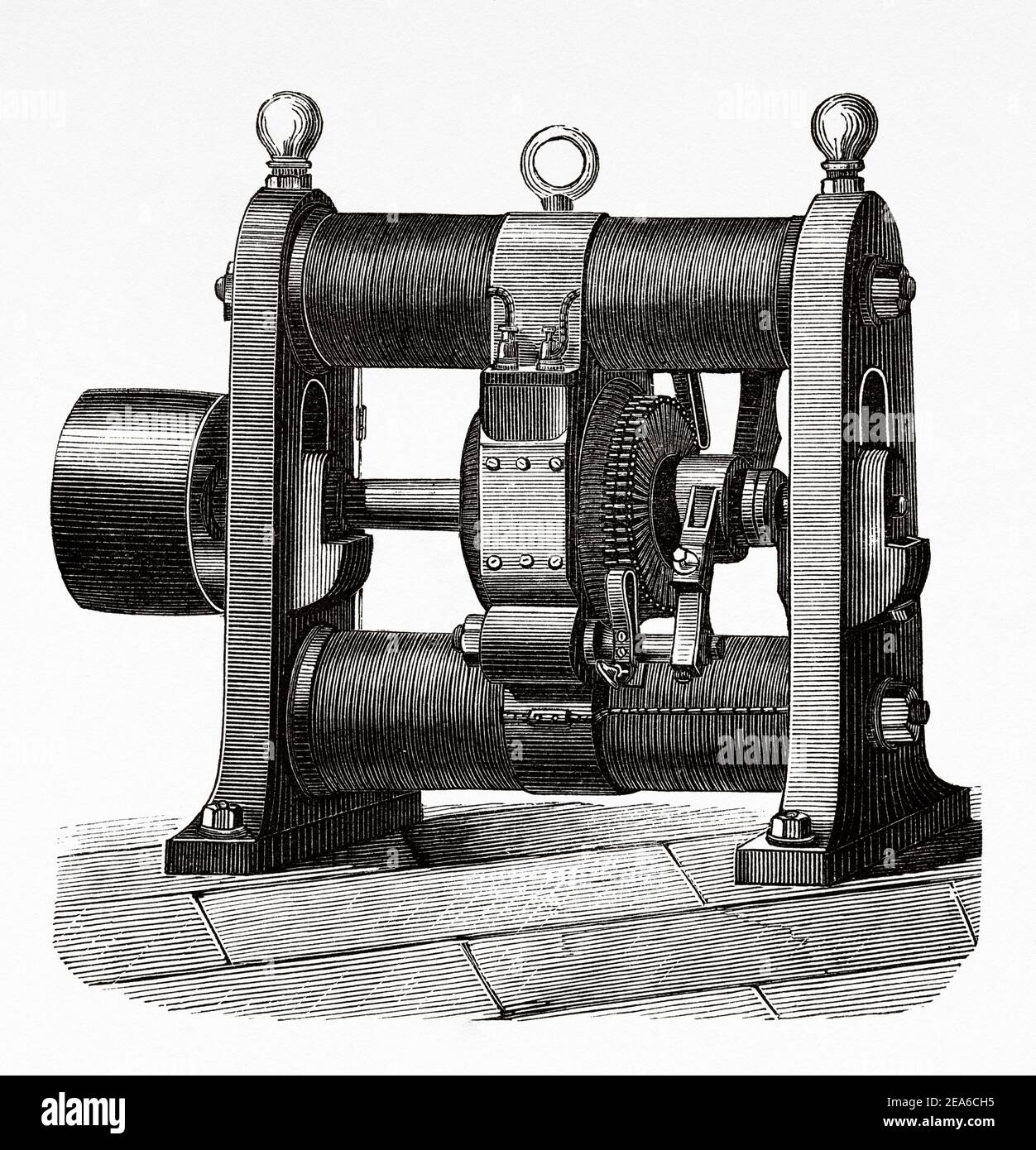 Die Gram-Maschine von Zénobe Théophile Gram (1826-1901) belgischer Elektroingenieur. Gleichstrom-Dynamo. Erfindungen des neunzehnten Jahrhunderts. Alte 19th Jahrhundert gravierte Illustration von El Mundo Ilustrado 1879 Stockfoto