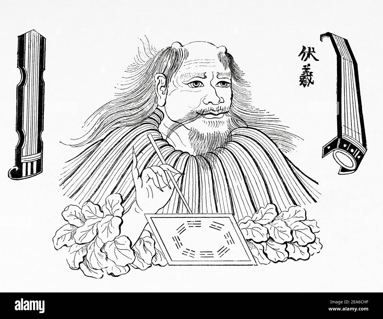 Chinesischer gott der Erfindungen. Fuxi und die von ihm erfundenen Musikinstrumente. Er war der erste der legendären San Huang. Alte Geschichte Chinas. Alte 19th Jahrhundert gravierte Illustration von El Mundo Ilustrado 1879 Stockfoto