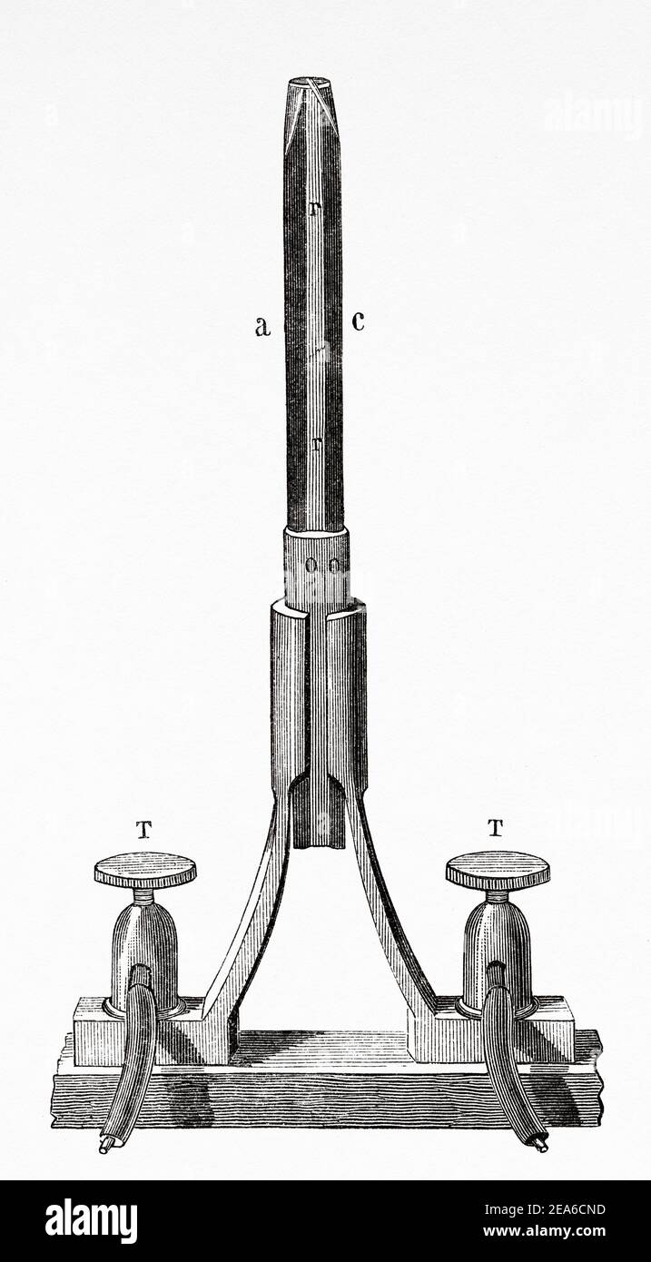 Jablochkoff elektrische Kerze. Paul Jablochkoff 1847-1914 russischer Telegrafeningenieur. Alte 19th Jahrhundert gravierte Illustration von El Mundo Ilustrado 1879 Stockfoto