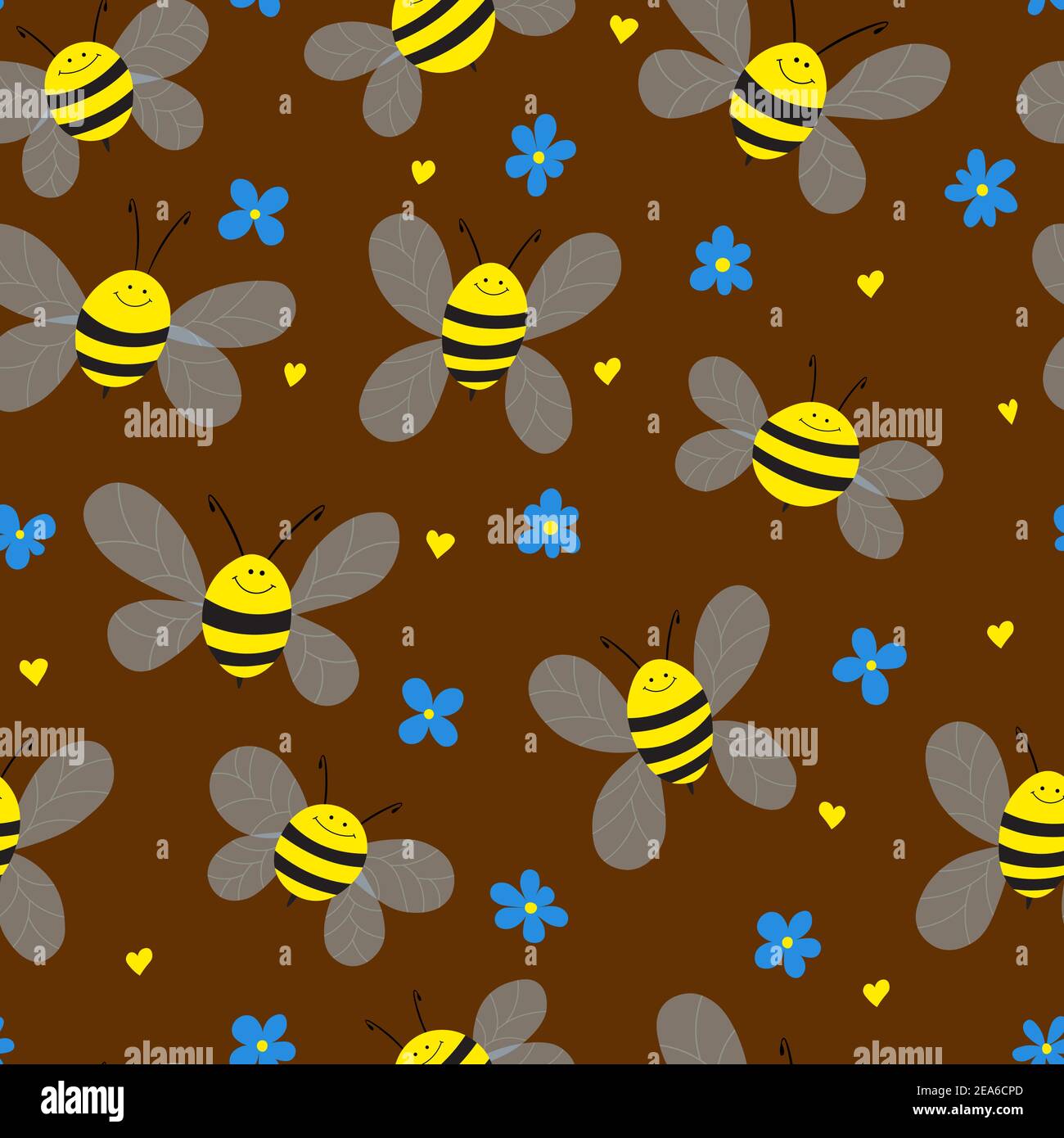Nahtloses Muster mit Bienen und Blumen auf braunem Hintergrund. Liebenswert Cartoon Wespen Zeichen. Vorlage Design für Einladung, Karten, Textil, Stoff Stock Vektor